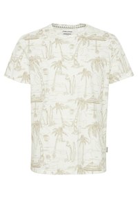 Camiseta de manga corta en beige claro con un estampado tropical que presenta palmeras, tablas de surf y montañas. Fabricada en un tejido suave y transpirable.