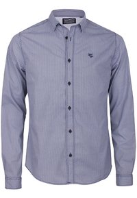 Men’s long-sleeve button-up shirt with small geometric pattern, a folded collar, and dark buttons down the front.