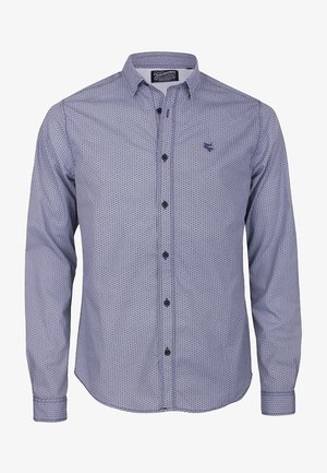 Herrenhemd mit langen Ärmeln und Knopfleiste, mit kleinem geometrischem Muster, umgeschlagenem Kragen und dunklen Knöpfen vorne.