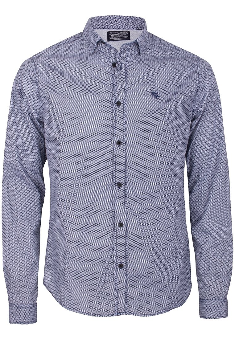 Men’s long-sleeve button-up shirt with small geometric pattern, a folded collar, and dark buttons down the front.