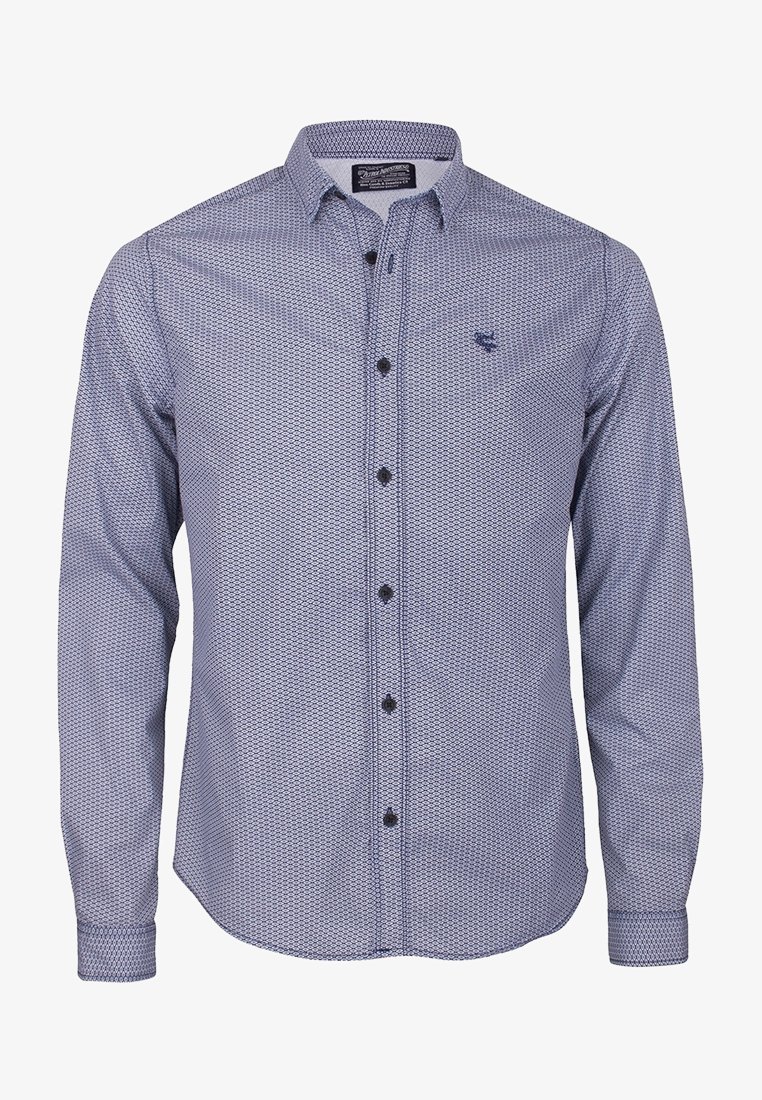 Miesten pitkähihainen nappilistallinen paita, jossa on pieni geometrinen kuvio, käännetty kaulus ja tummat napit edessä.