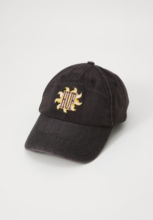 Black cotton baseball cap with curved brim, featuring a yellow and purple embroidered "HUF" logo in sunburst design on the front.
