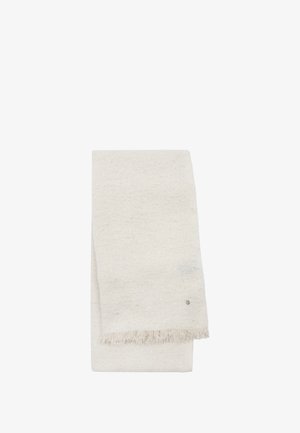 Wełniany szalik w jasnym kremowym kolorze o fakturowanej powierzchni, z frędzlami na brzegach i małymi metalicznymi drobinkami. Złożony na płasko do ekspozycji.