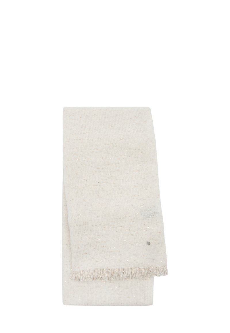 Wełniany szalik w jasnym kremowym kolorze o fakturowanej powierzchni, z frędzlami na brzegach i małymi metalicznymi drobinkami. Złożony na płasko do ekspozycji.