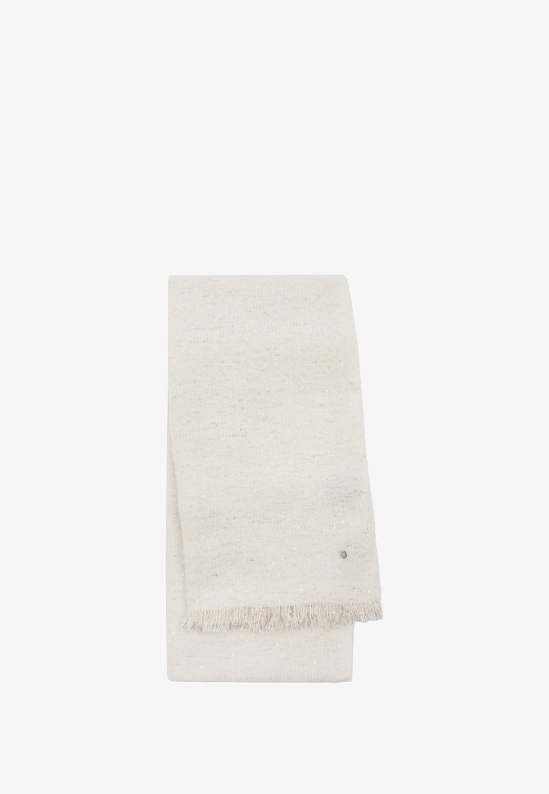 Wełniany szalik w jasnym kremowym kolorze o fakturowanej powierzchni, z frędzlami na brzegach i małymi metalicznymi drobinkami. Złożony na płasko do ekspozycji.