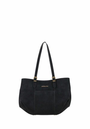 Sac fourre-tout noir avec double anses d'épaule, accents de boucle dorée et une poche avant avec un logo de marque discret.