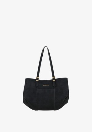 Sac fourre-tout noir avec double anses d'épaule, accents de boucle dorée et une poche avant avec un logo de marque discret.