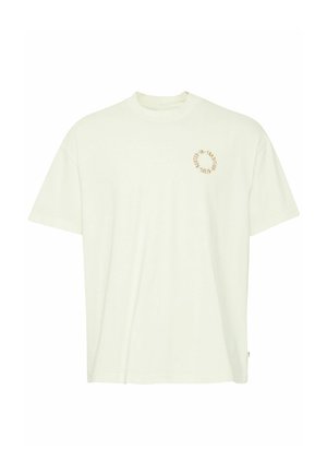 Tricou scurt cu mânecă, cu guler rotund, din bumbac off-white, cu un logo grafic circular, de culoare bej, pe partea stângă a pieptului. Croială dreaptă.