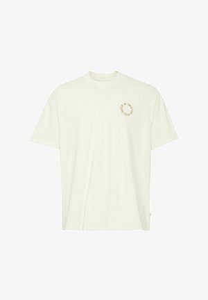 Tricou scurt cu mânecă, cu guler rotund, din bumbac off-white, cu un logo grafic circular, de culoare bej, pe partea stângă a pieptului. Croială dreaptă.