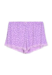 Shorts a leopard print viola con inserti in pizzo. Tessuto morbido, vestibilità ampia, vita elastica con un piccolo fiocco decorativo. Motivi decorativi su tutta la superficie.