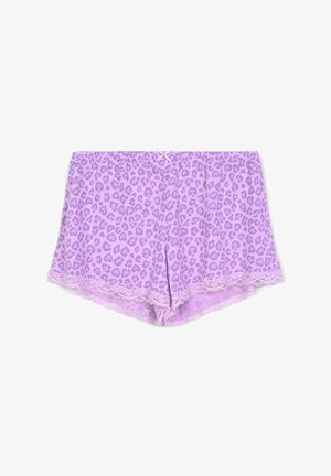 Fioletowe szorty w panterkę z koronkowym wykończeniem. Miękka tkanina, luźny krój, elastyczny pasek w talii z małą kokardką. Dekoracyjne wzory na całej powierzchni.