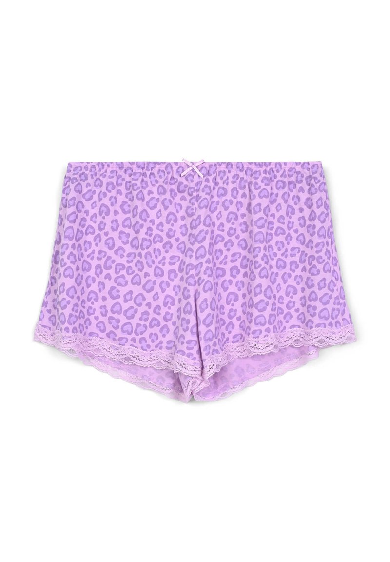 Shorts a leopard print viola con inserti in pizzo. Tessuto morbido, vestibilità ampia, vita elastica con un piccolo fiocco decorativo. Motivi decorativi su tutta la superficie.
