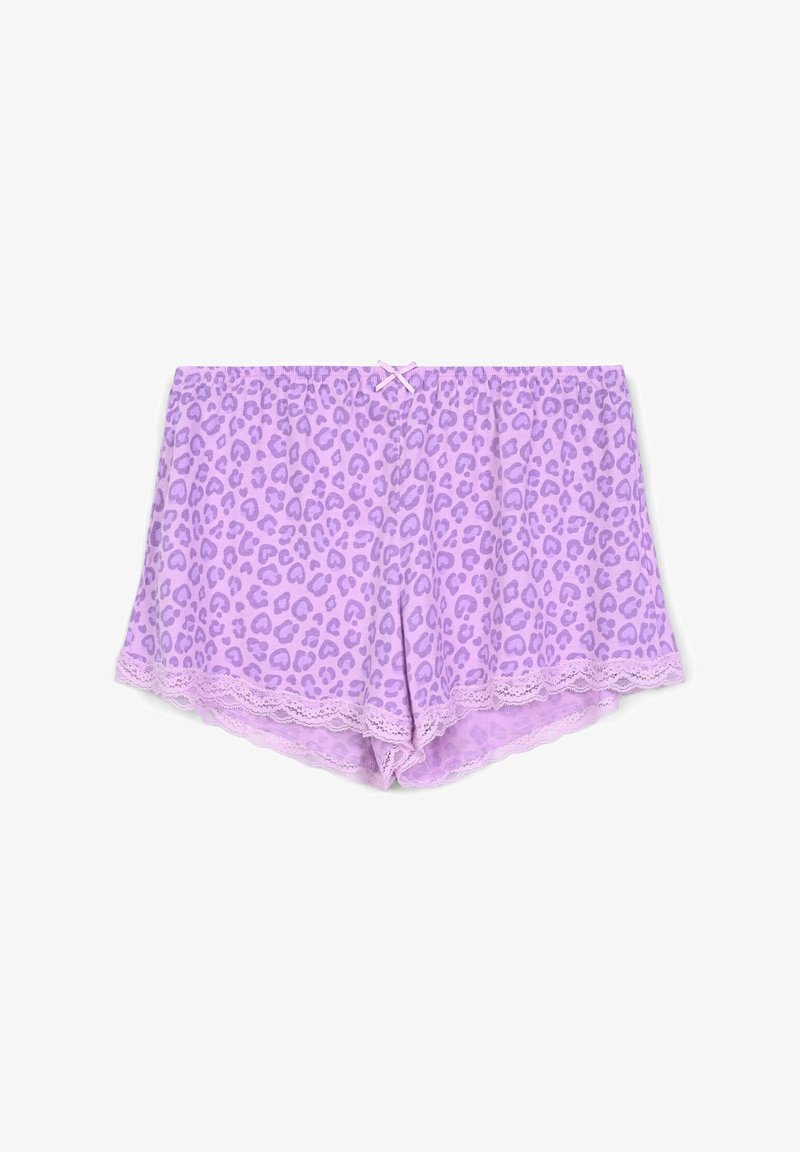 Shorts a leopard print viola con inserti in pizzo. Tessuto morbido, vestibilità ampia, vita elastica con un piccolo fiocco decorativo. Motivi decorativi su tutta la superficie.