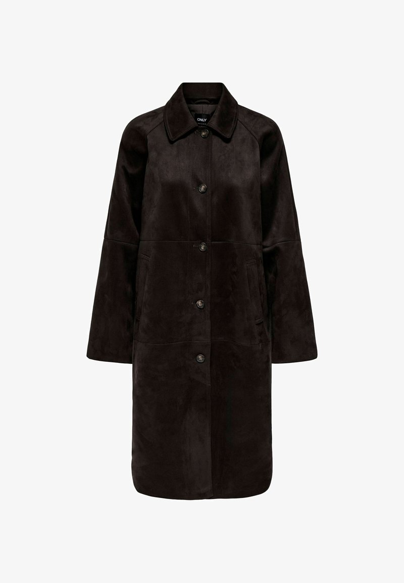 Long manteau en daim marron foncé avec col, fermeture boutonnée devant, manches longues et poches latérales.