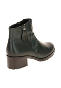 Dark green leather ankle boot with a side zipper, rounded toe, and a chunky heel. Features gathered detailing on the side.