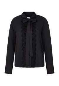 Blusa nera con maniche lunghe, collo con fiocco e dettagli decorativi in pizzo sulla parte anteriore. Tessuto liscio con una forma classica e strutturata.