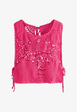 Roze gehaakte top met cirkelvormige patronen, een ronde halslijn en strikjes aan de zijkant. Het ontwerp heeft een gestructureerde, open geweven stijl.