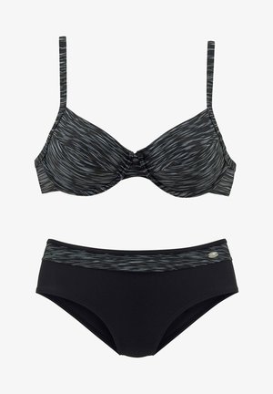 Black bikini with a patterned black and grey top featuring thin straps and a twisted center, paired with solid black mid-rise bottoms.