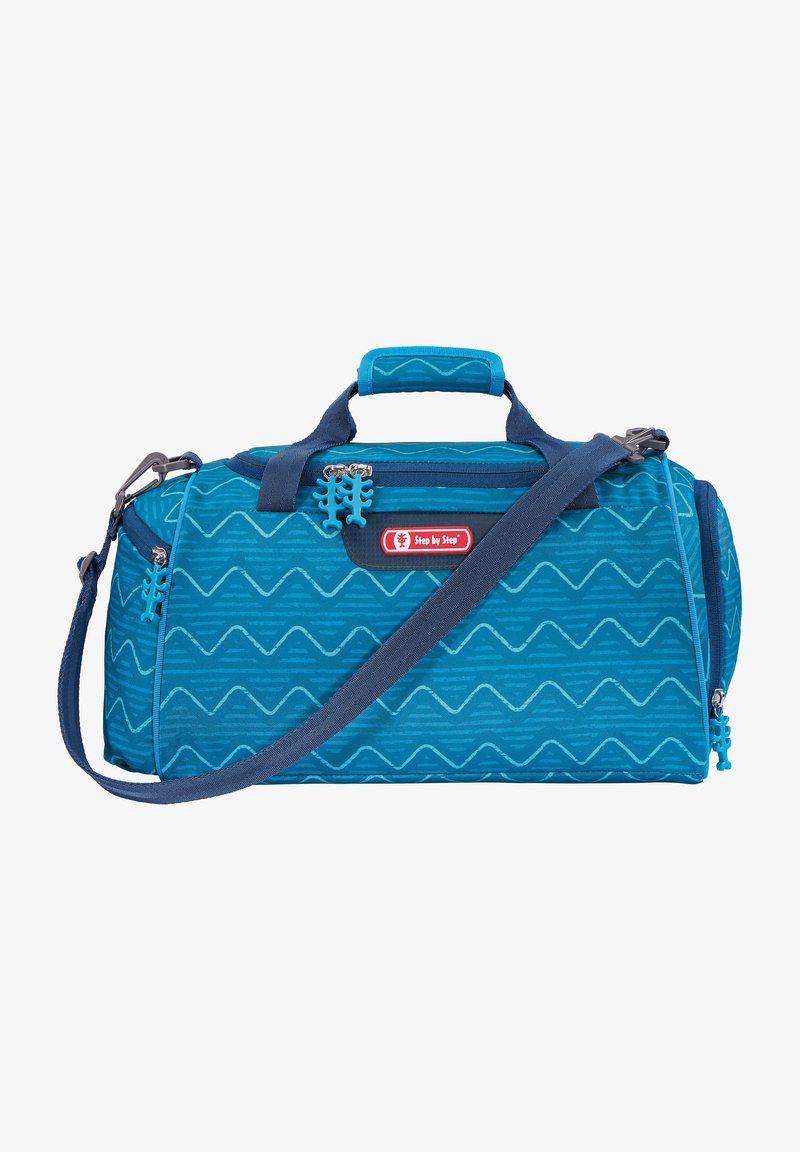 Blue duffel bag with wave pattern, fabric material, zip closures, adjustable shoulder strap, and dual handles for carrying.