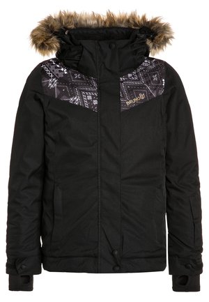 Schwarze Winterjacke mit einem kapuzenverzierten Fellbesatz, die eine geometrische Musterpasse und ein goldfarbenes Logodetail aufweist. Ausgestattet mit Reißverschlusstaschen und Knopfverschlüssen.