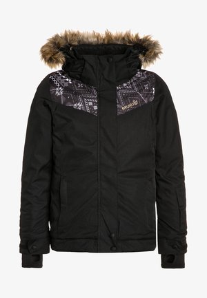 Czarna zimowa kurtka z kapturem wyściełanym futrem, z geometrycznym wzorem na karczku i złotym logo. Posiada kieszenie na zamek oraz zapięcia na guziki.