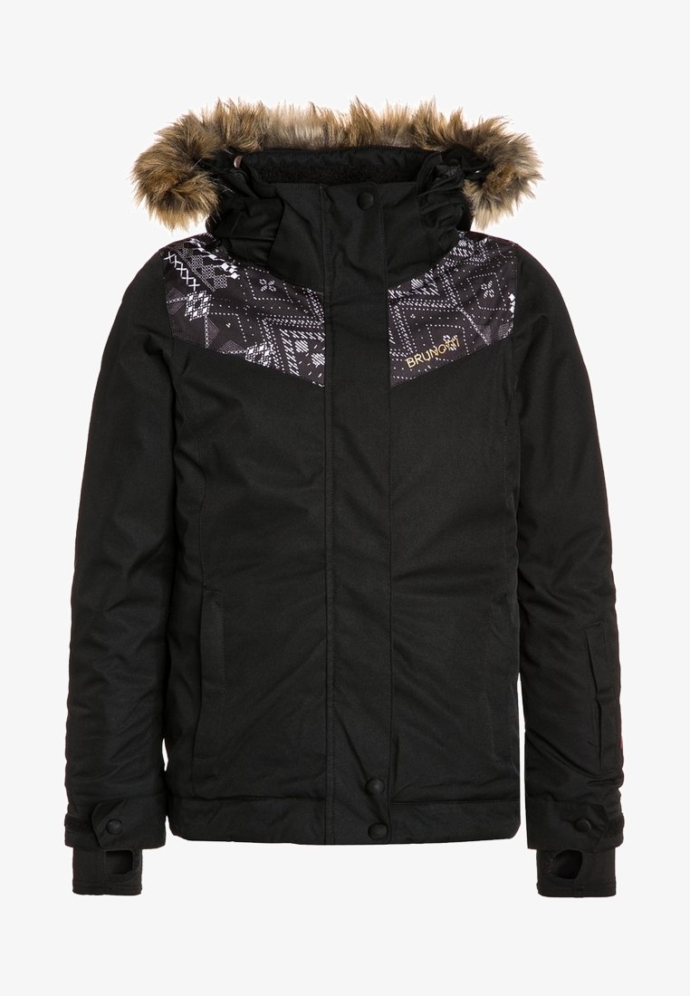 Czarna zimowa kurtka z kapturem wyściełanym futrem, z geometrycznym wzorem na karczku i złotym logo. Posiada kieszenie na zamek oraz zapięcia na guziki.