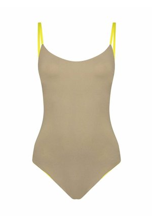 Maillot de bain une pièce beige avec fines bretelles doubles jaunes et encolure arrondie.