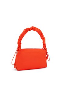 Orange nylon handbag with a gathered handle, rectangular shape, zip closure, and two side ties for style and adjustment.