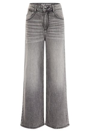 Wide-leg black denim jeans with a faded wash, five-pocket design, button closure, and stitched detailing along the waistband and hems.