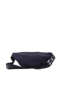 Marsupio blu navy realizzato in tessuto resistente, dotato di una tasca con zip, di una cintura nera regolabile e di un design elegante e curvo.
