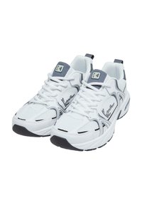 White athletic shoes with mesh fabric, gray accents, and a rounded toe. Features laces, a padded collar, and a logo on the tongue.