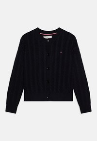 Cardigan lavorato a maglia blu navy con texture a coste, collo rotondo e chiusura frontale con bottoni, dotato di un piccolo logo sul petto.