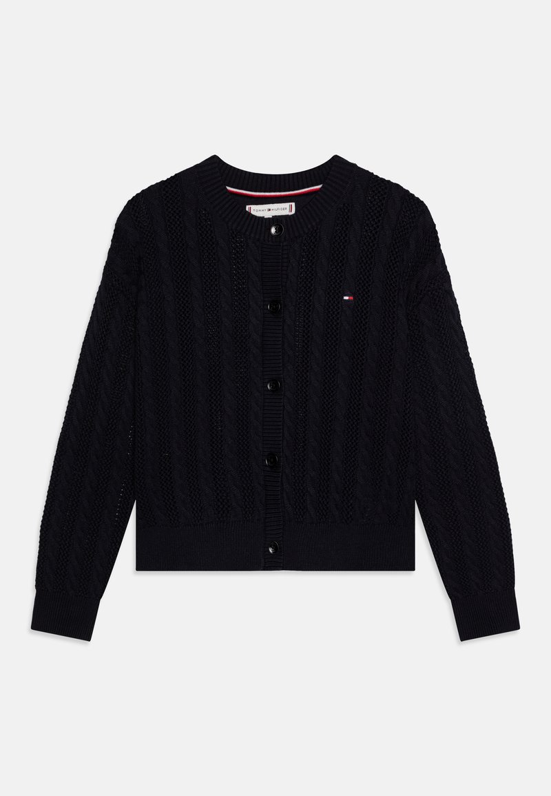 Cardigan lavorato a maglia blu navy con texture a coste, collo rotondo e chiusura frontale con bottoni, dotato di un piccolo logo sul petto.