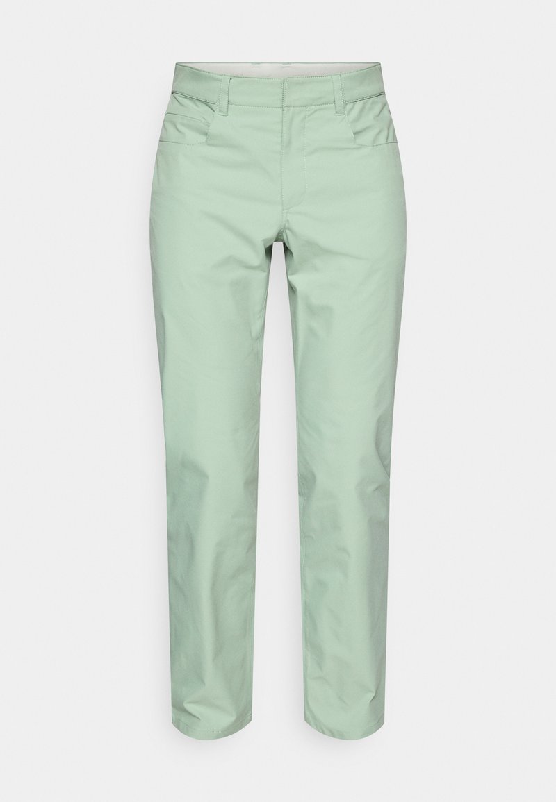 Lichtgroene op maat gemaakte broek met een gladde afwerking, steekzakken aan de voorkant, riemlussen en een rechte pijp. Minimalistische stijl, geen zichtbare patronen.