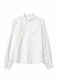 Blusa bianca con colletto alto, dettagli arricciati e maniche lunghe. Presenta un tessuto testurizzato e un'apertura a forma di chiave al collo.