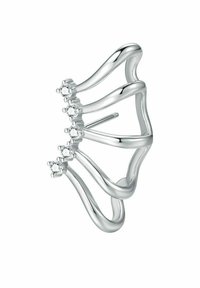 Silberner Ohrclip mit einem wellenförmigen Design, das an jedem Ende fünf kleine klare Edelsteine fasst. Glatte Textur mit polierter Oberfläche.