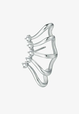 Silberner Ohrclip mit einem wellenförmigen Design, das an jedem Ende fünf kleine klare Edelsteine fasst. Glatte Textur mit polierter Oberfläche.