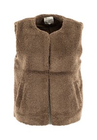 Gilet in teddy fleece marrone senza maniche con scollatura rotonda e due tasche frontali, piegato piatto che mostra l'etichetta del marchio all'interno del colletto.