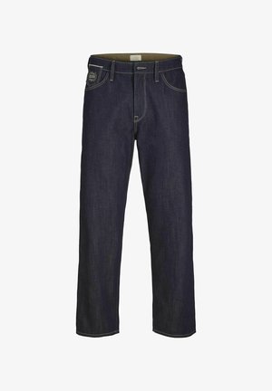 Vaqueros de denim azul oscuro con un diseño de pierna recta, detalles de costura, estilo de cinco bolsillos y cierre de botón.