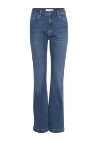 Blaue Denim-Bootcut-Jeans mit vorderem Knopf und Reißverschluss, sichtbaren Taschen und Gürtelschlaufen.