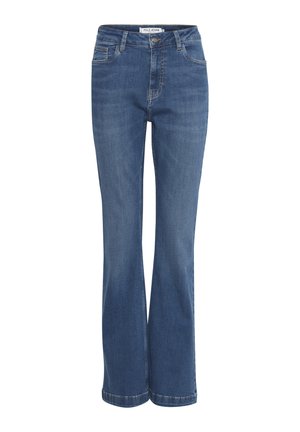 Siniset farkkujen lohkeilevat suorat lahkeet, etunappikiinnitys ja vetoketju, näkyvät taskut ja vyölenkit.