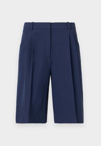 Mörkblå shorts med skräddarsydd passform, med veckad front, bälteshällor och slät tygtextur, knälång längd.