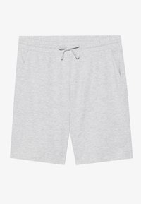 Gray cotton shorts featuring an elastic waistband with a drawstring, side pockets, and a knee-length cut. Soft texture with a heathered finish.