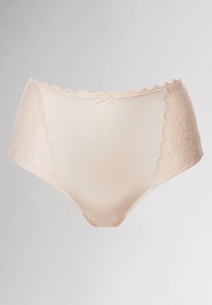 Hochgeschnittene beigen Unterwäsche mit Spitzenbesatz an den Seiten, die über ein glattes mittleres Panel und eine dekorative Schleife an der Taille verfügt.
