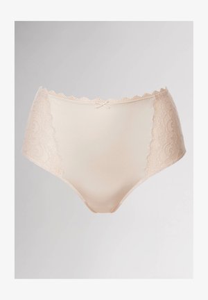 Hochgeschnittene beigen Unterwäsche mit Spitzenbesatz an den Seiten, die über ein glattes mittleres Panel und eine dekorative Schleife an der Taille verfügt.