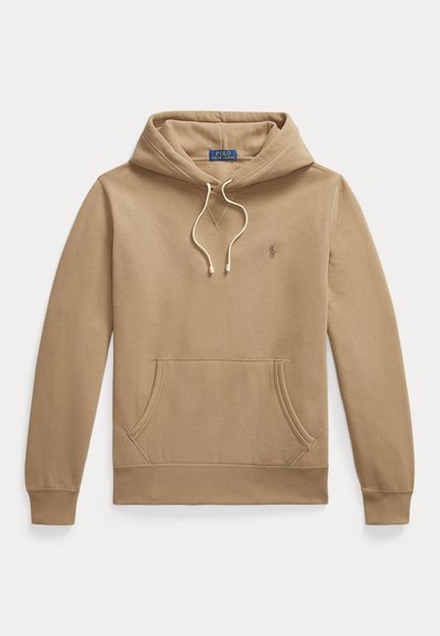 Béžová mikina s dlhým rukávom a kapucňou, s predným klokania vreckom, nastaviteľnými bielymi šnúrkami a malým logom Polo Ralph Lauren na hrudi.