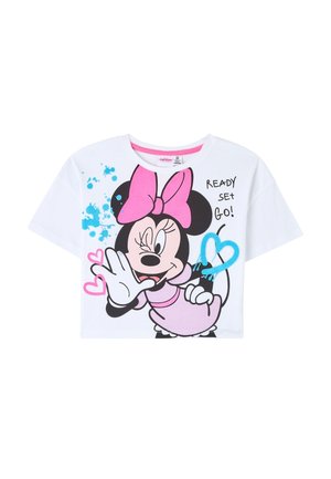 T-shirt bianco corto realizzato in cotone con un design stampato colorato che presenta un personaggio dei cartoni animati, un fiocco rosa e il testo "PRONTO PARTENZA VIA!"