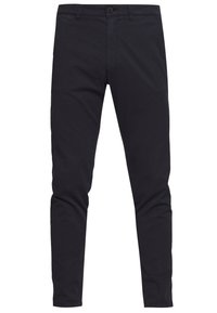 Czarne dopasowane spodnie z bawełny o gładkiej fakturze, zapięcie na guzik i suwak. Prosty fason, bez widocznych wzorów.