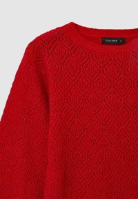 Roter Strickpullover mit einem Rautenmuster, rundem Ausschnitt und dezentem Glanz. Das Material wirkt leicht und strukturiert. Markenetikett sichtbar.