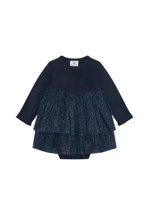 Vestito neonato blu navy a maniche lunghe con gonna in tulle glitterato a più strati e scollo rotondo.